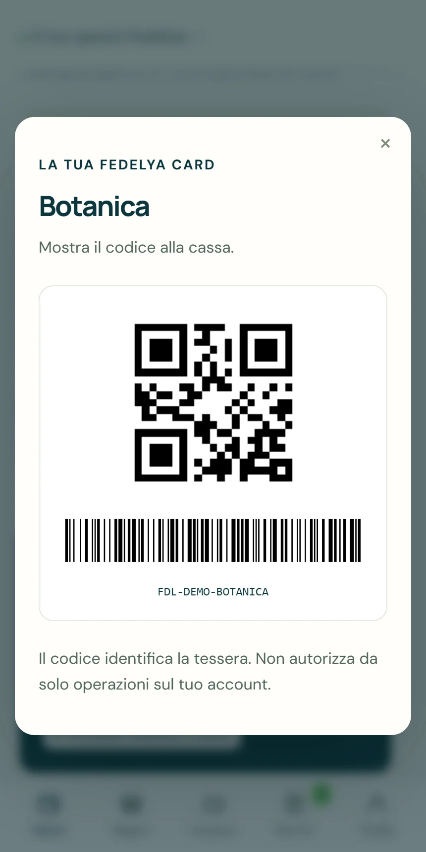 Codice della tessera digitale da mostrare alla cassa